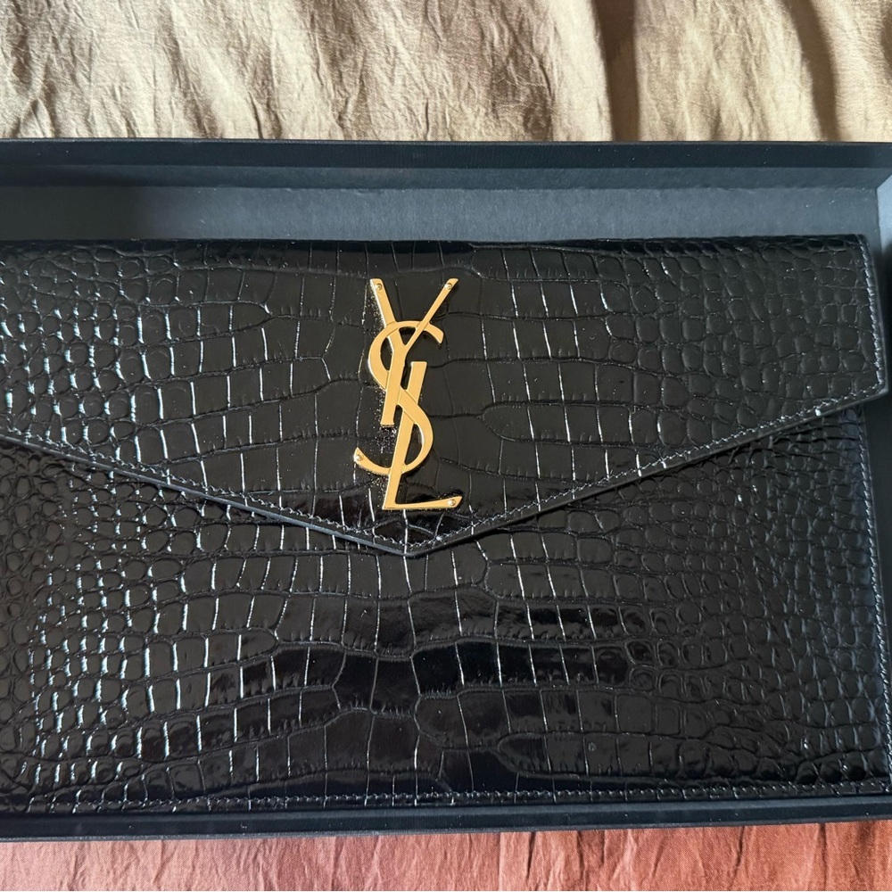 Saint Laurent Black Croc-Embossed Clutch with Gold Logo - Picture 3 of 5